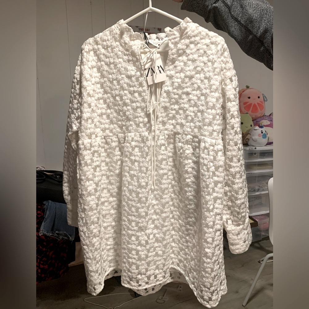 Zara White Long Sleeve Mock Neck Midi Dress